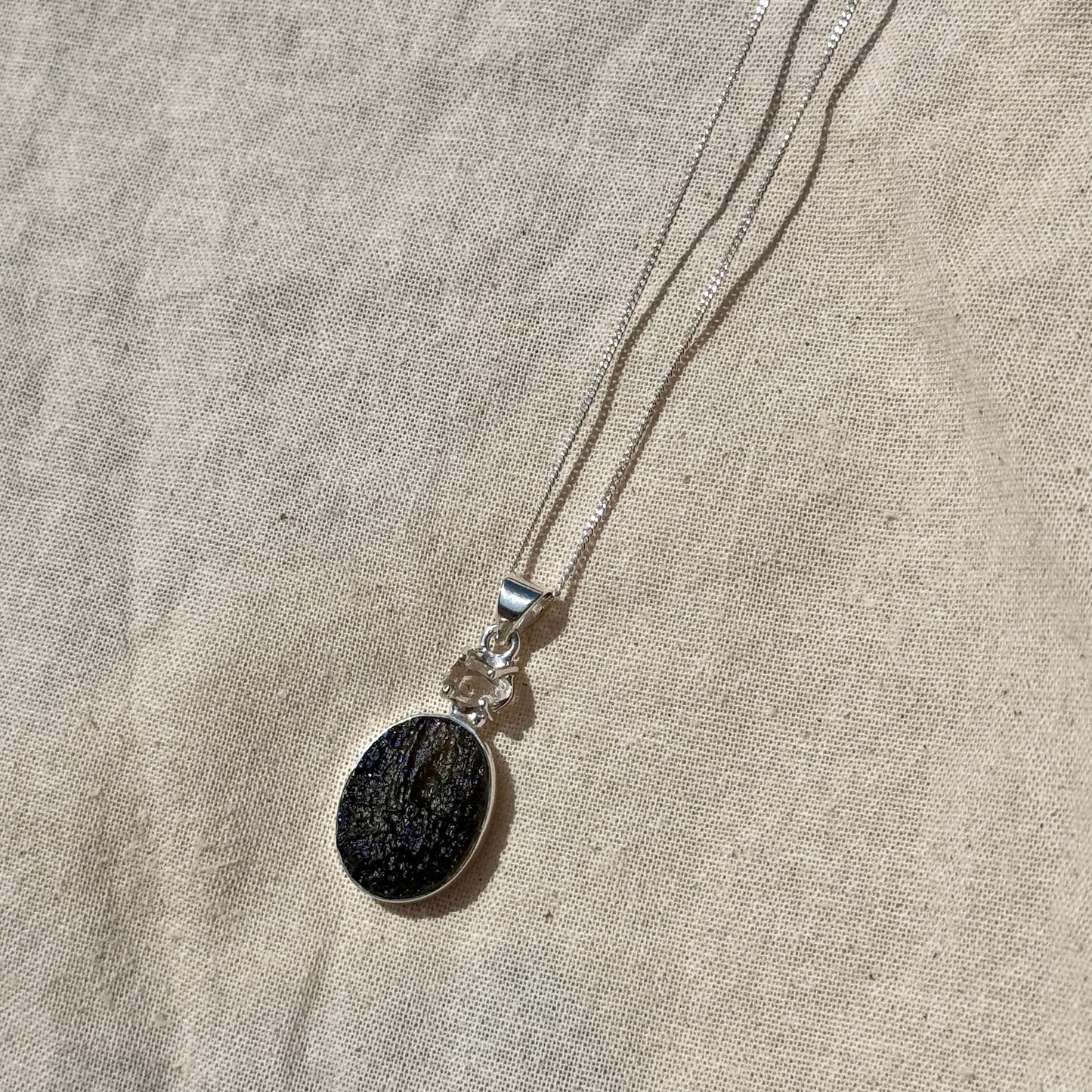 Moldavite & Herkimer Diamond Combination Necklace Sterling Silver | Transformation | Dream Life | Growth