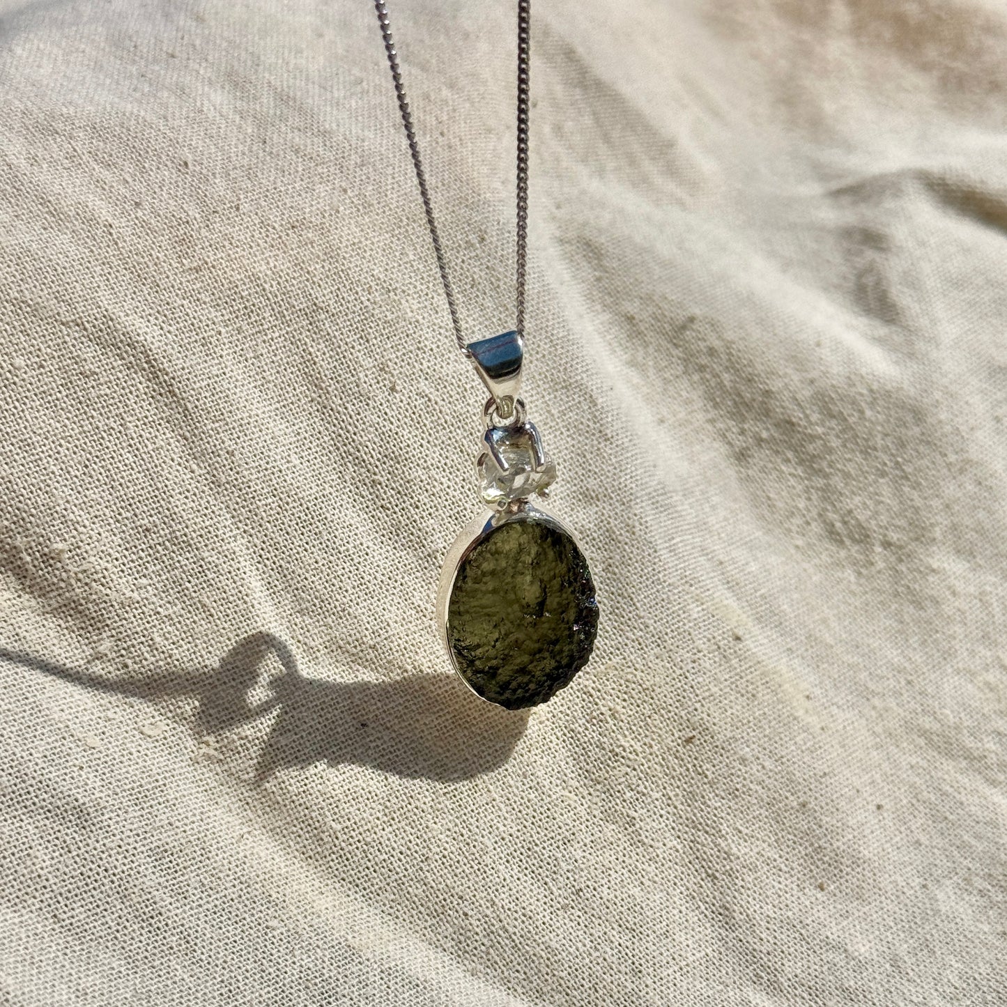 Moldavite & Herkimer Diamond Combination Necklace Sterling Silver | Transformation | Dream Life | Growth