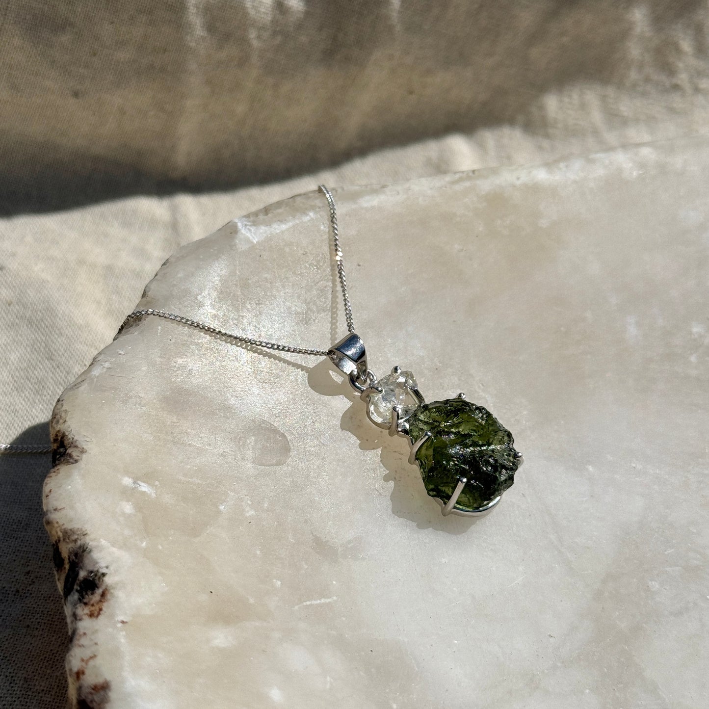 Moldavite & Herkimer Diamond Combination Necklace Sterling Silver | Transformation | Dream Life | Growth