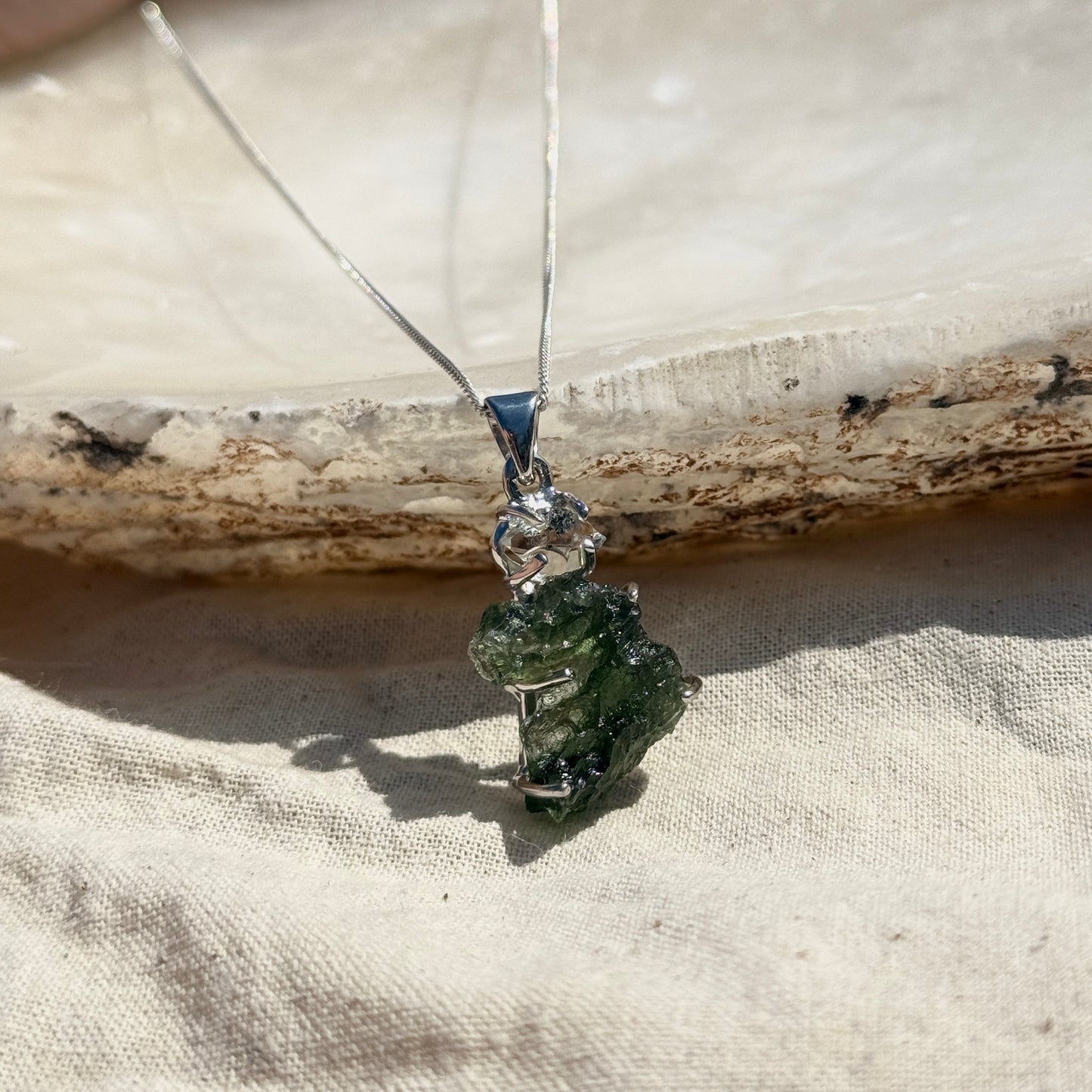 Moldavite & Herkimer Diamond Combination Necklace Sterling Silver | Transformation | Dream Life | Growth