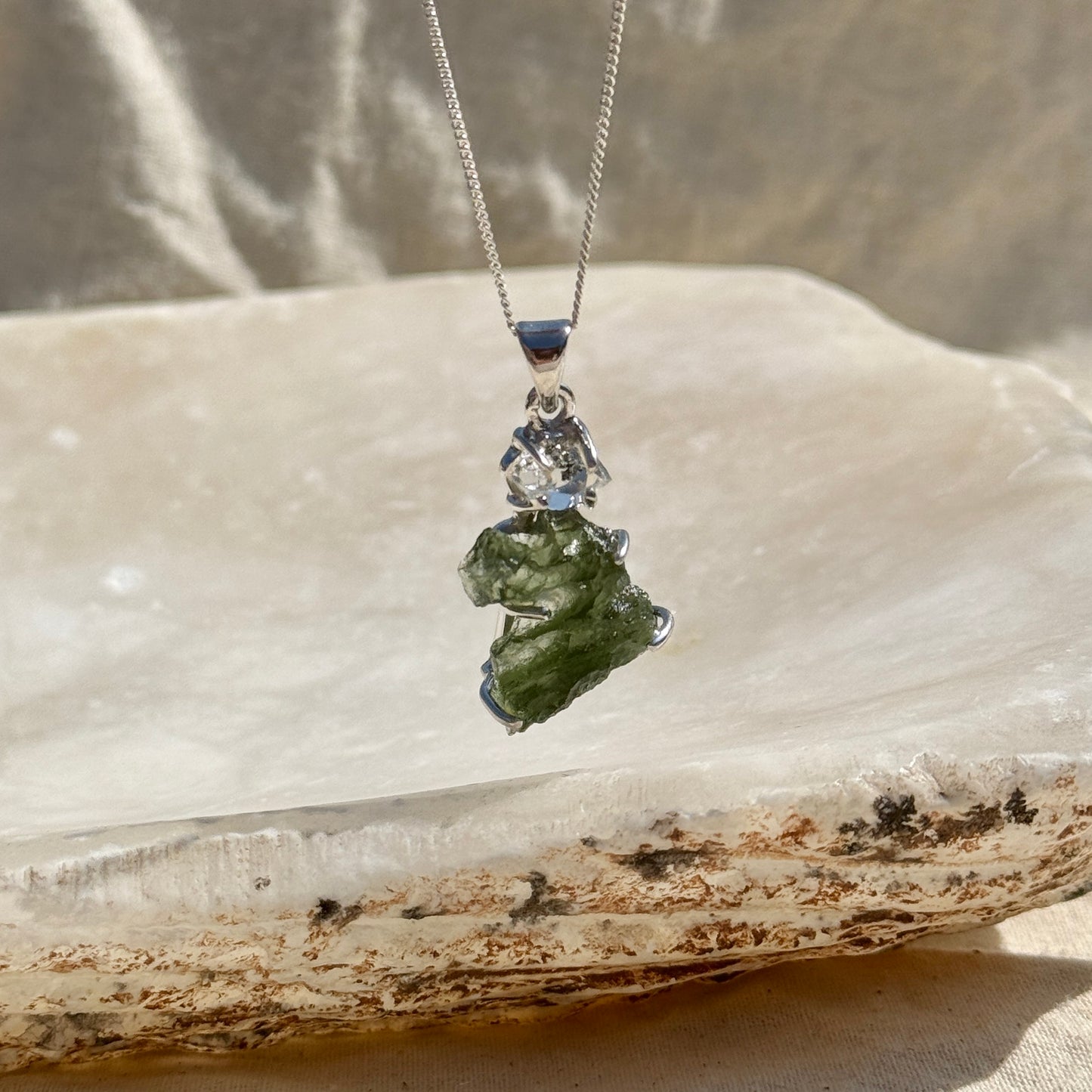 Moldavite & Herkimer Diamond Combination Necklace Sterling Silver | Transformation | Dream Life | Growth