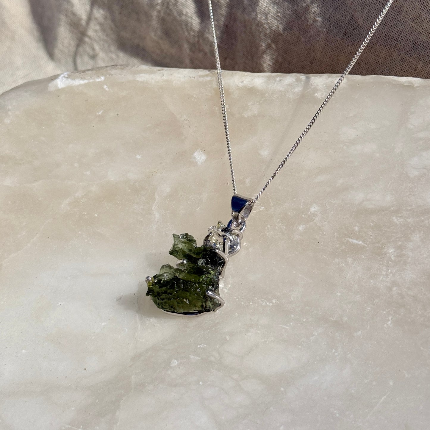 Moldavite & Herkimer Diamond Combination Necklace Sterling Silver | Transformation | Dream Life | Growth