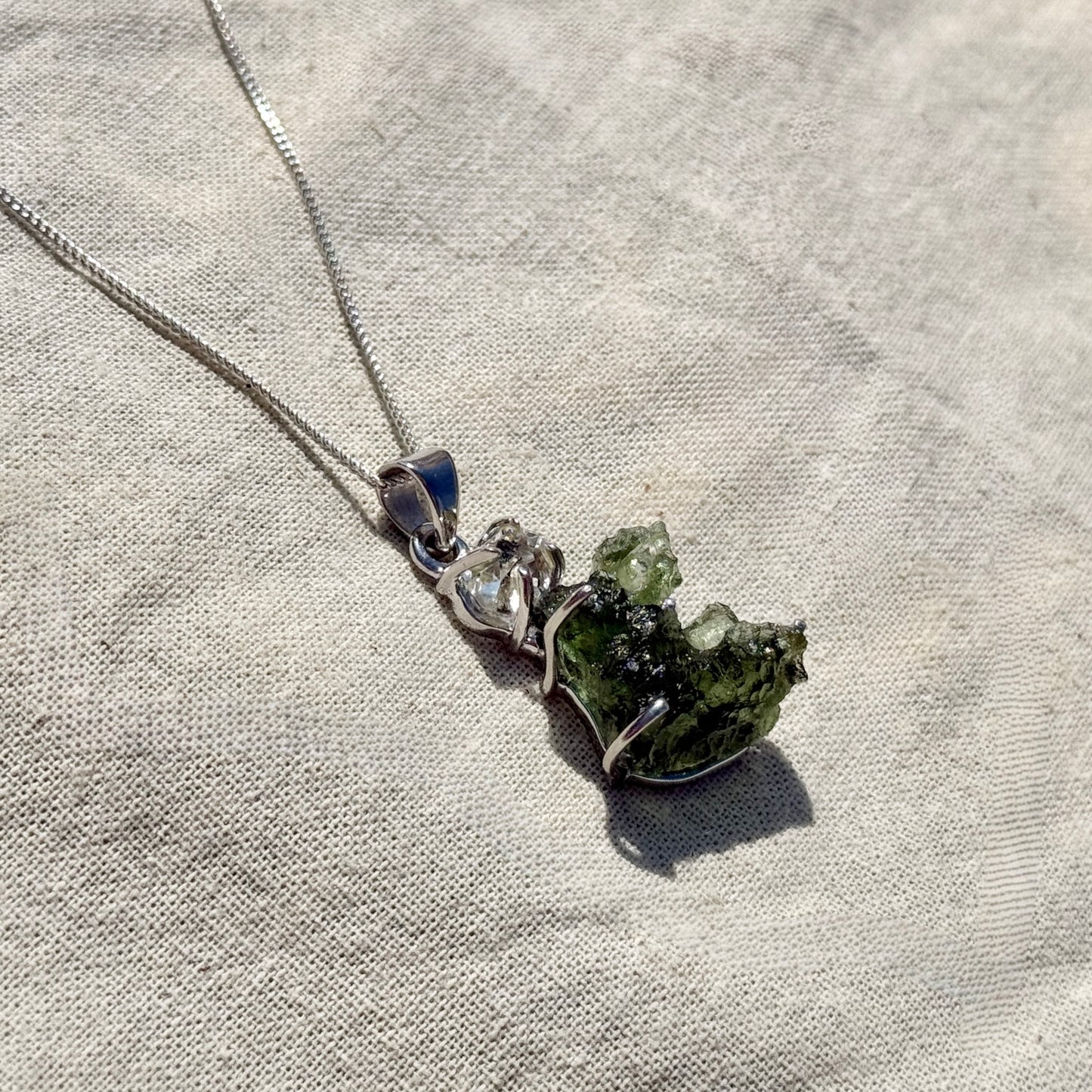 Moldavite & Herkimer Diamond Combination Necklace Sterling Silver | Transformation | Dream Life | Growth