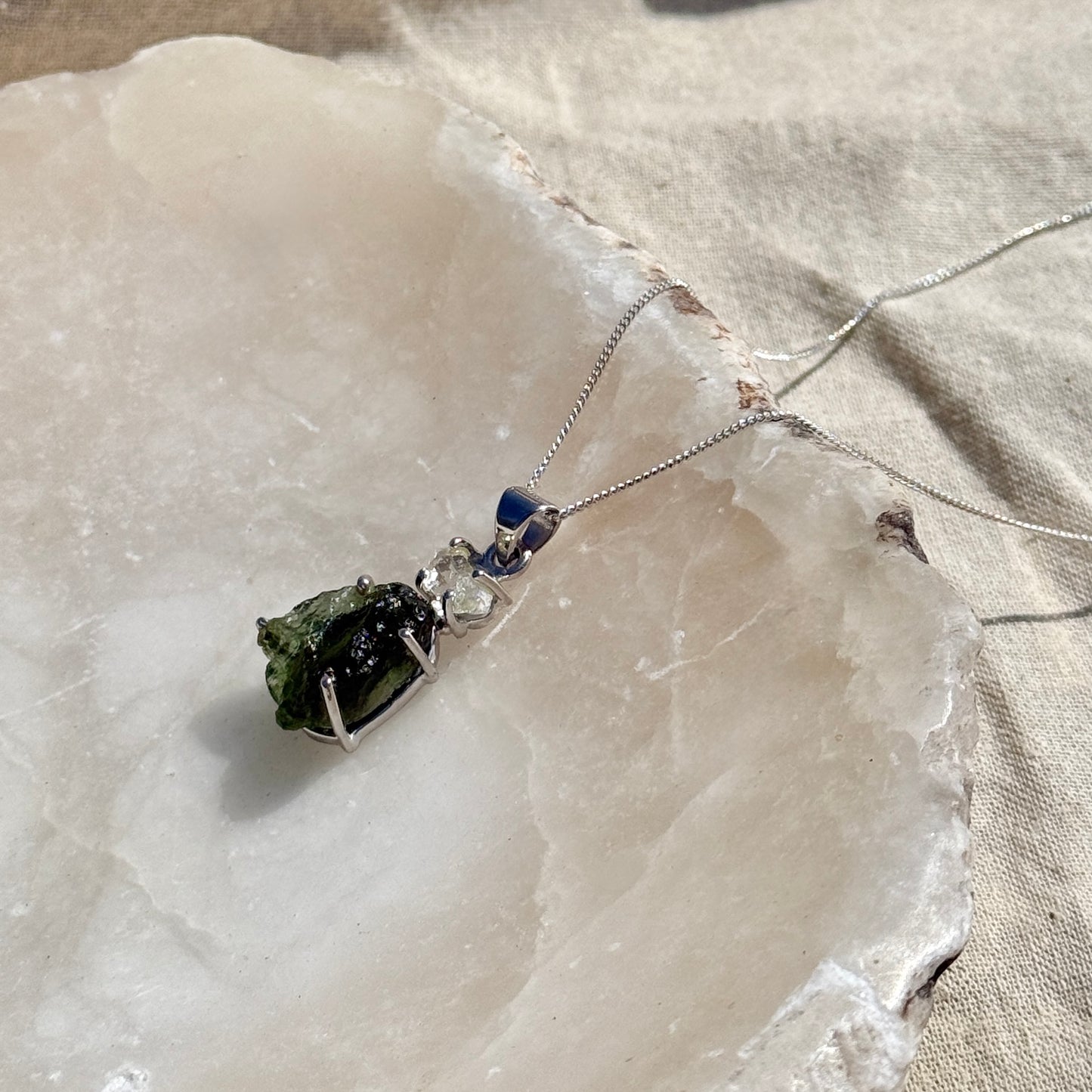 Moldavite & Herkimer Diamond Combination Necklace Sterling Silver | Transformation | Dream Life | Growth