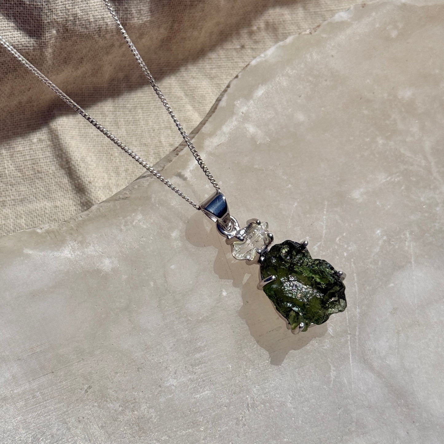 Moldavite & Herkimer Diamond Combination Necklace Sterling Silver | Transformation | Dream Life | Growth
