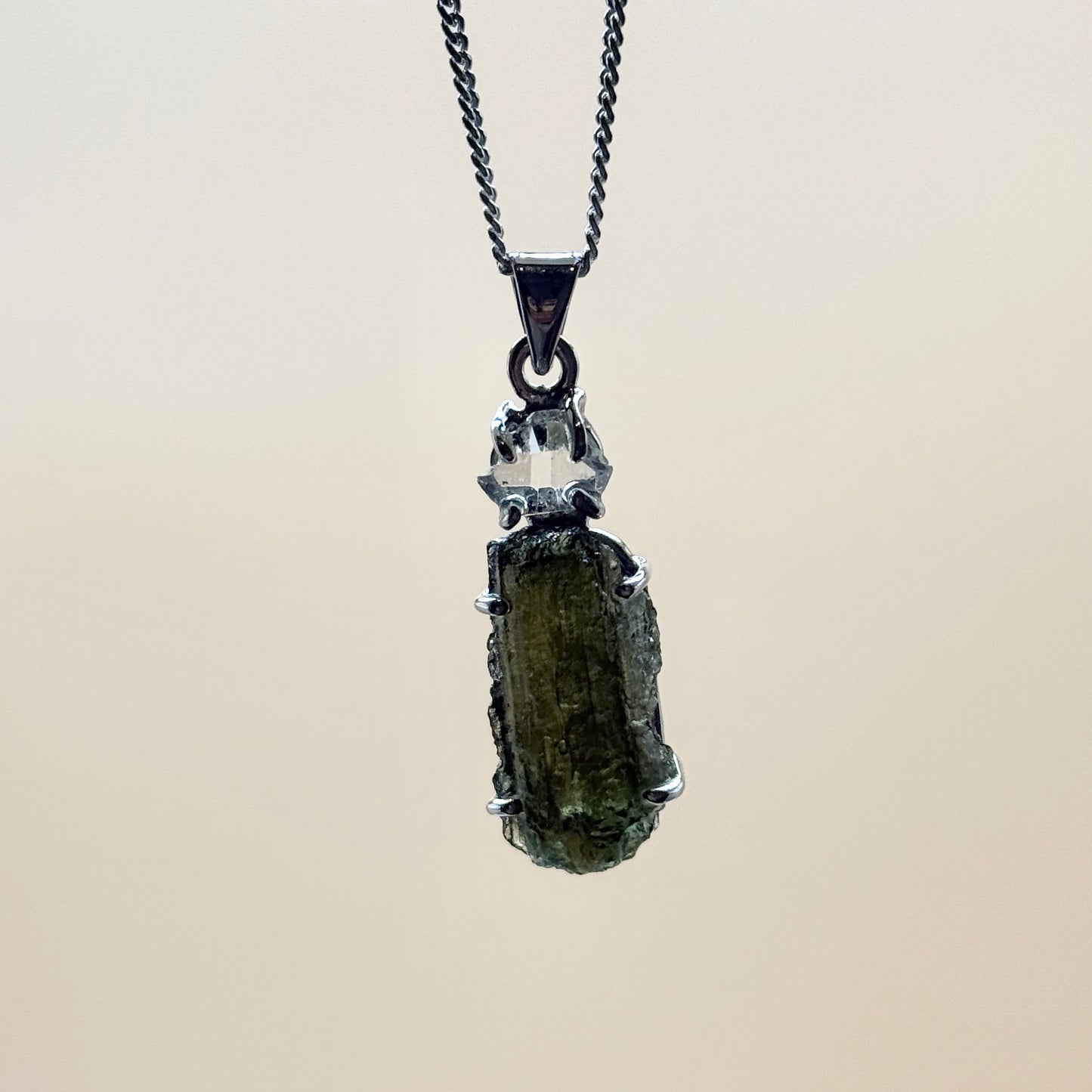 Moldavite & Herkimer Diamond Combination Necklace Sterling Silver | Transformation | Dream Life | Growth