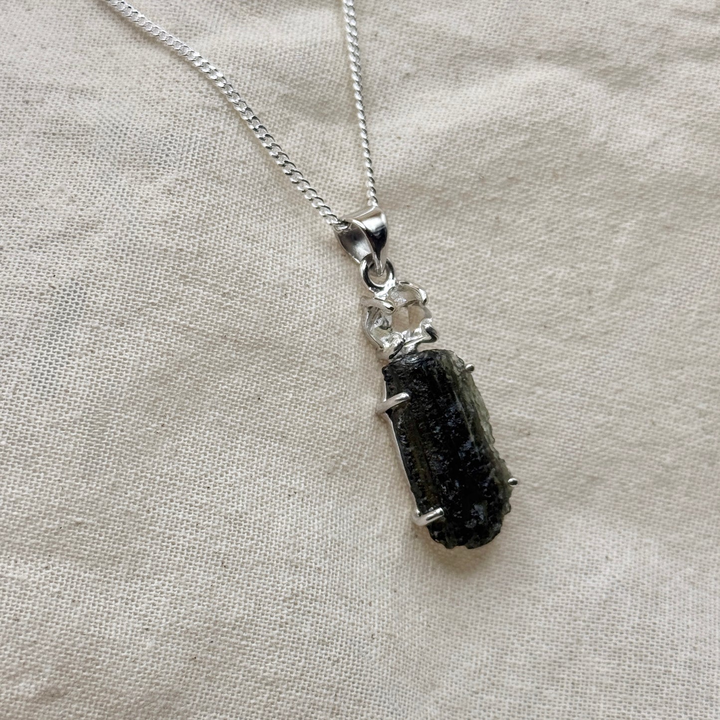 Moldavite & Herkimer Diamond Combination Necklace Sterling Silver | Transformation | Dream Life | Growth