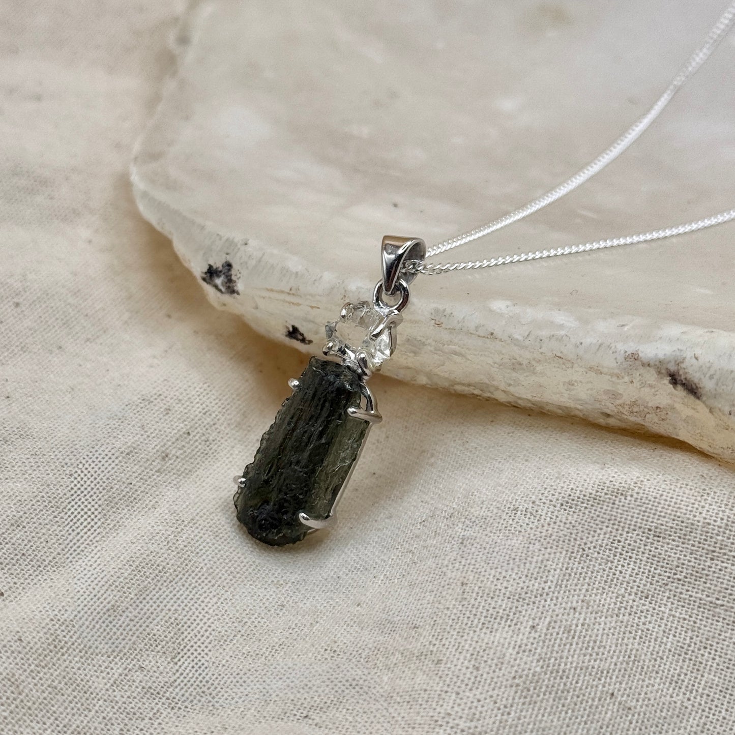 Moldavite & Herkimer Diamond Combination Necklace Sterling Silver | Transformation | Dream Life | Growth