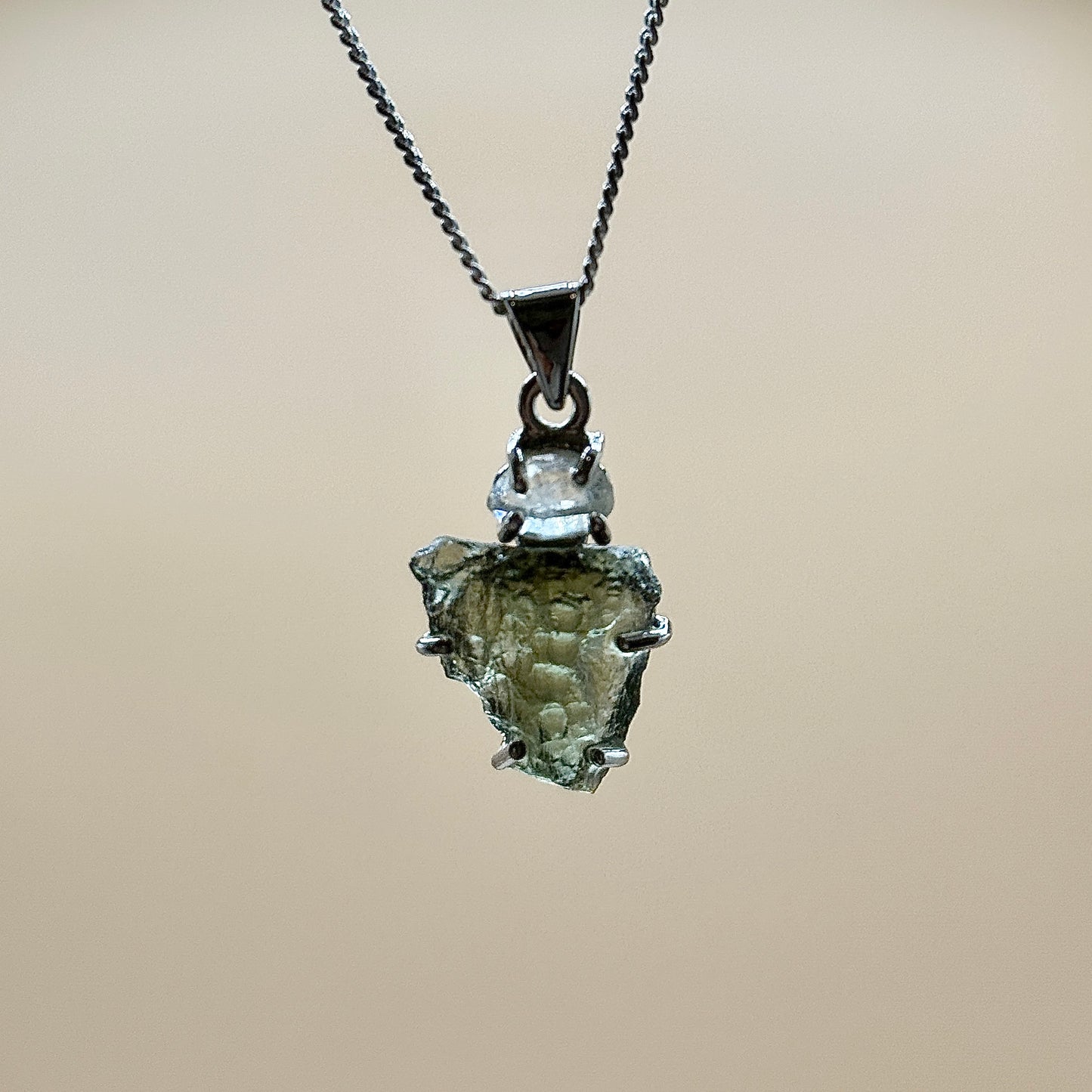 Moldavite & Herkimer Diamond Combination Necklace Sterling Silver | Transformation | Dream Life | Growth