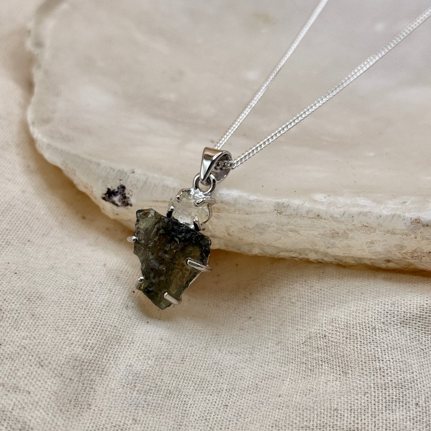 Moldavite & Herkimer Diamond Combination Necklace Sterling Silver | Transformation | Dream Life | Growth
