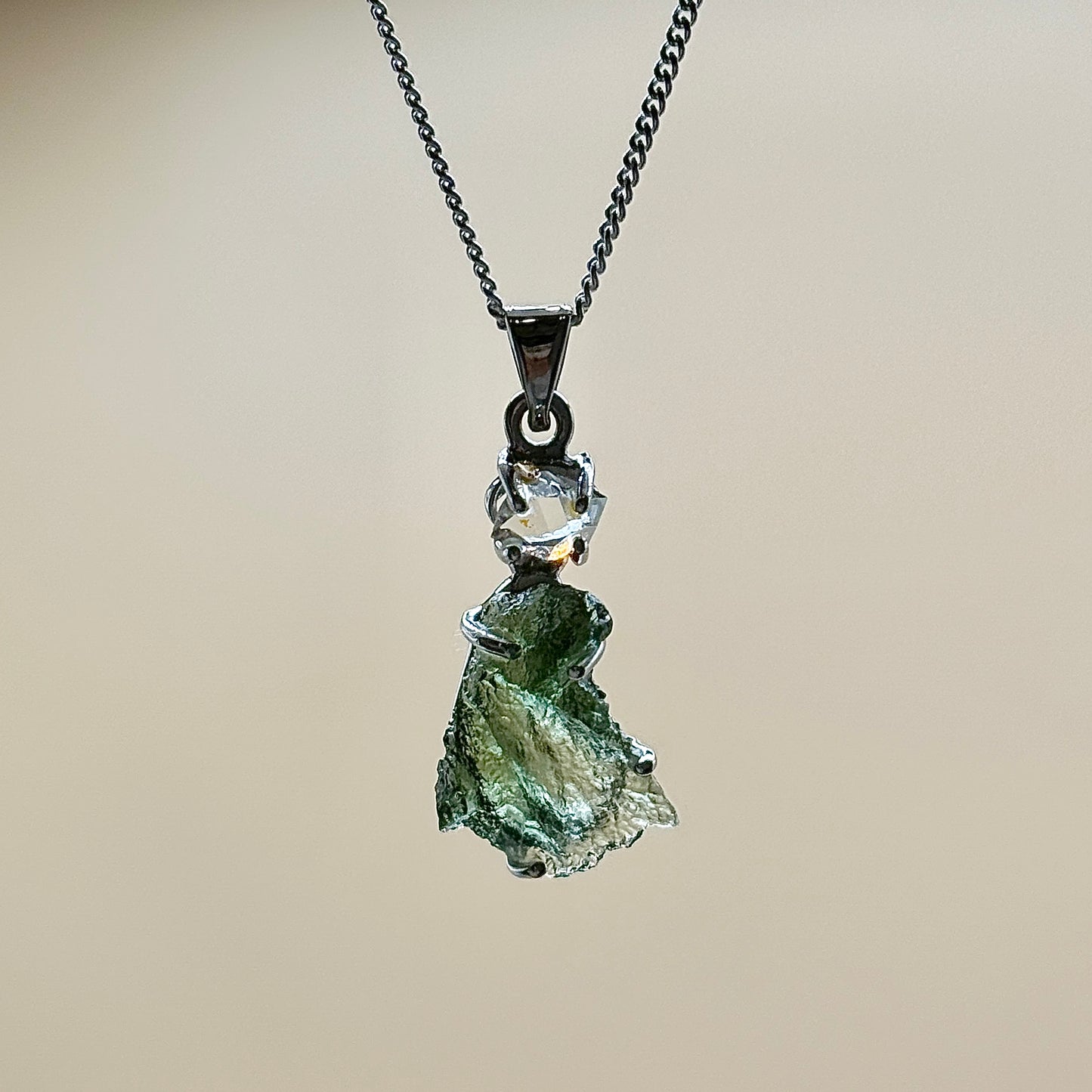 Moldavite & Herkimer Diamond Combination Necklace Sterling Silver | Transformation | Dream Life | Growth