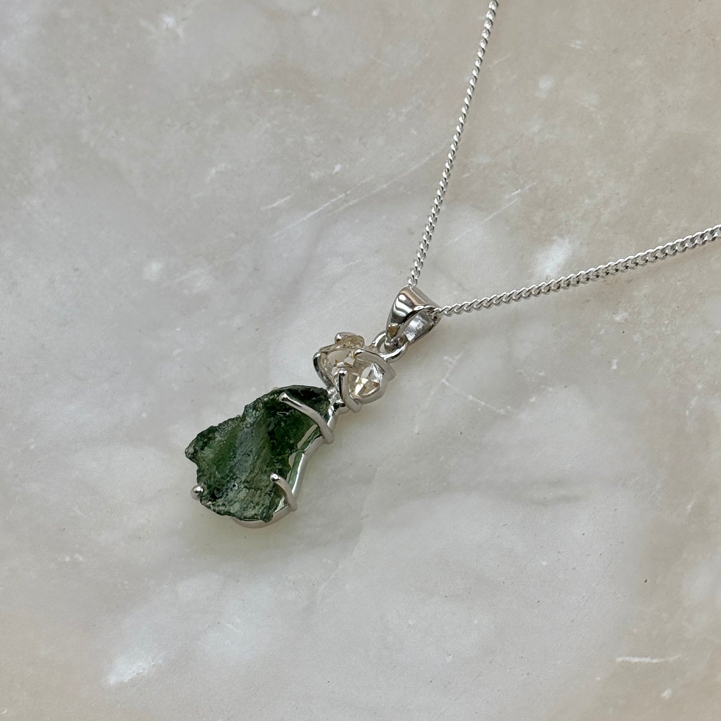 Moldavite & Herkimer Diamond Combination Necklace Sterling Silver | Transformation | Dream Life | Growth