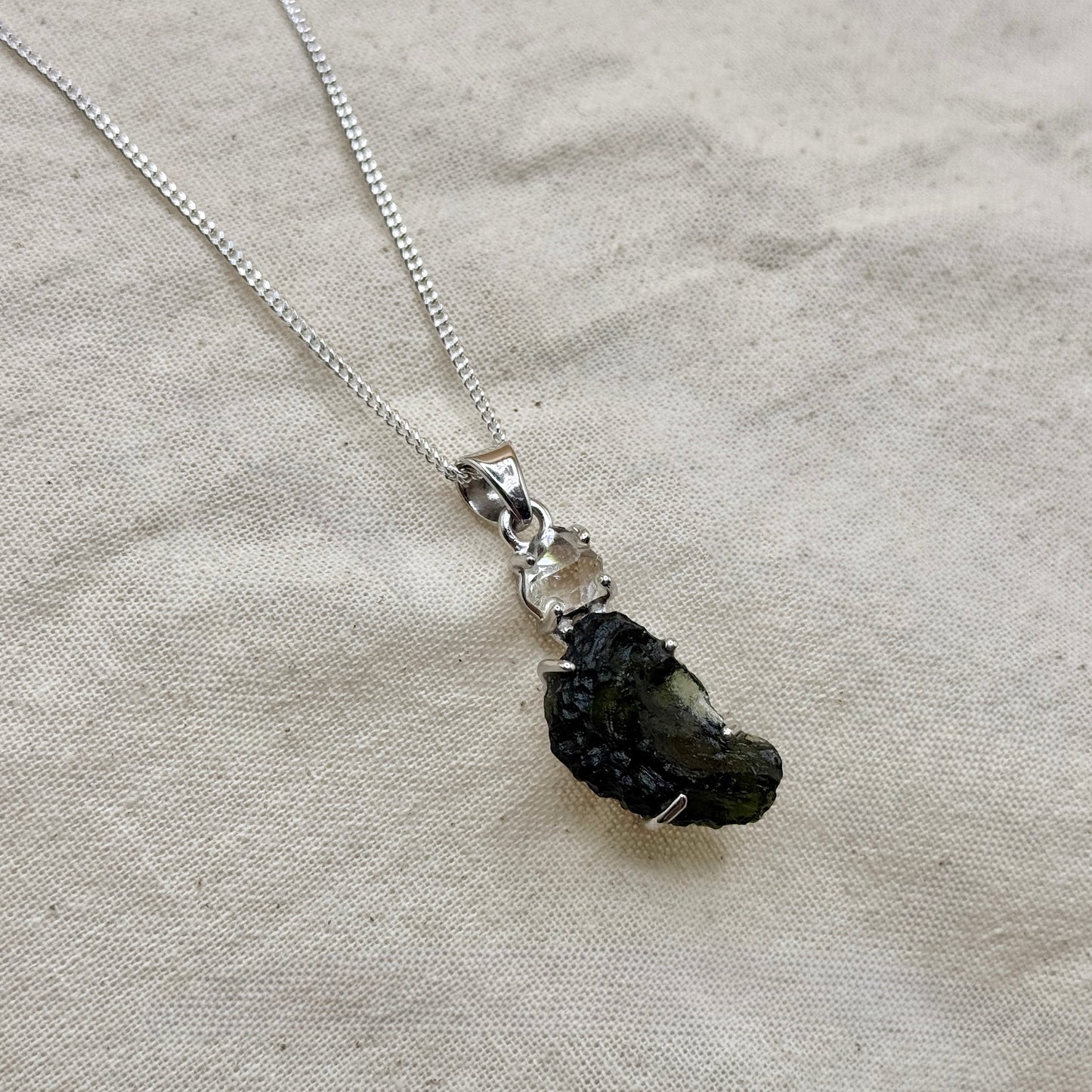 Moldavite & Herkimer Diamond Combination Necklace Sterling Silver | Transformation | Dream Life | Growth