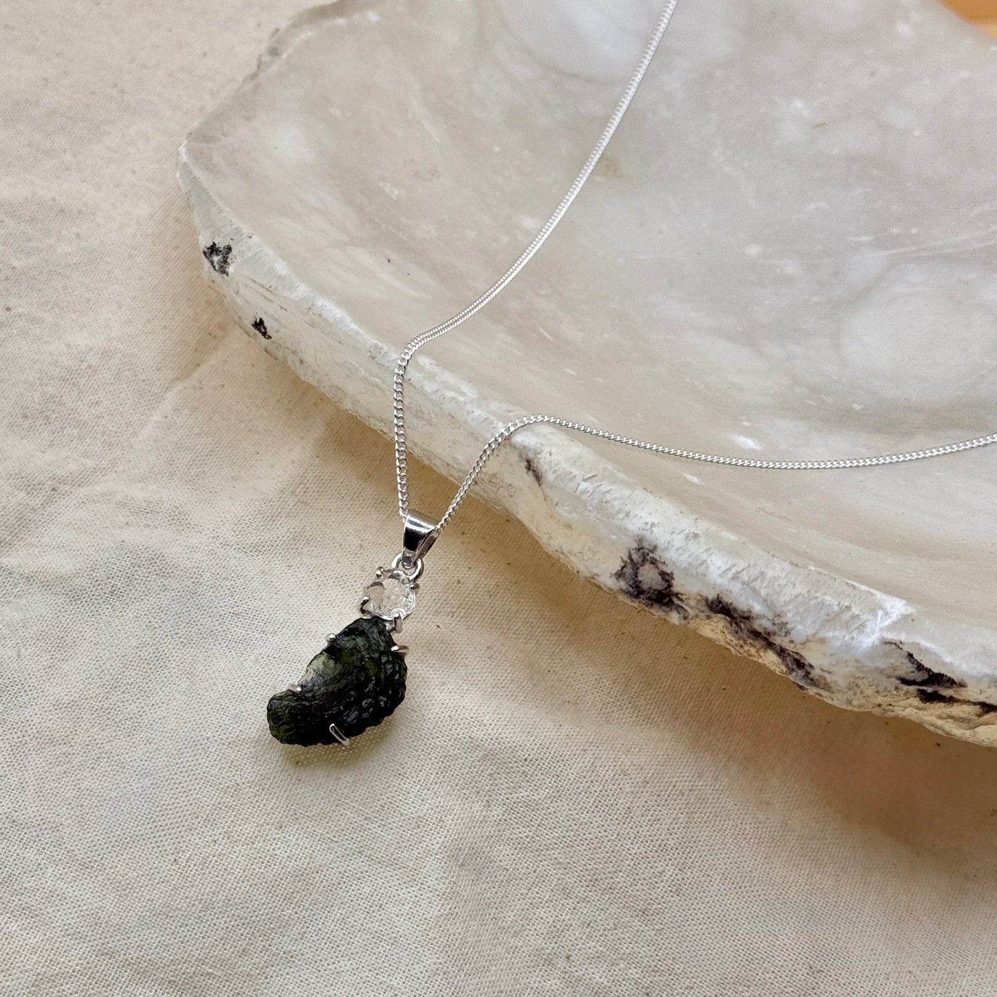 Moldavite & Herkimer Diamond Combination Necklace Sterling Silver | Transformation | Dream Life | Growth