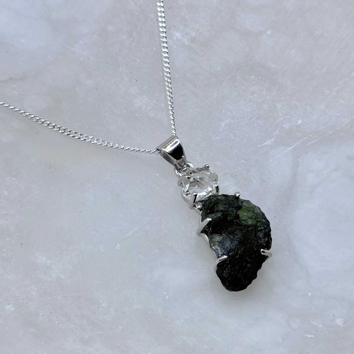 Moldavite & Herkimer Diamond Combination Necklace Sterling Silver | Transformation | Dream Life | Growth