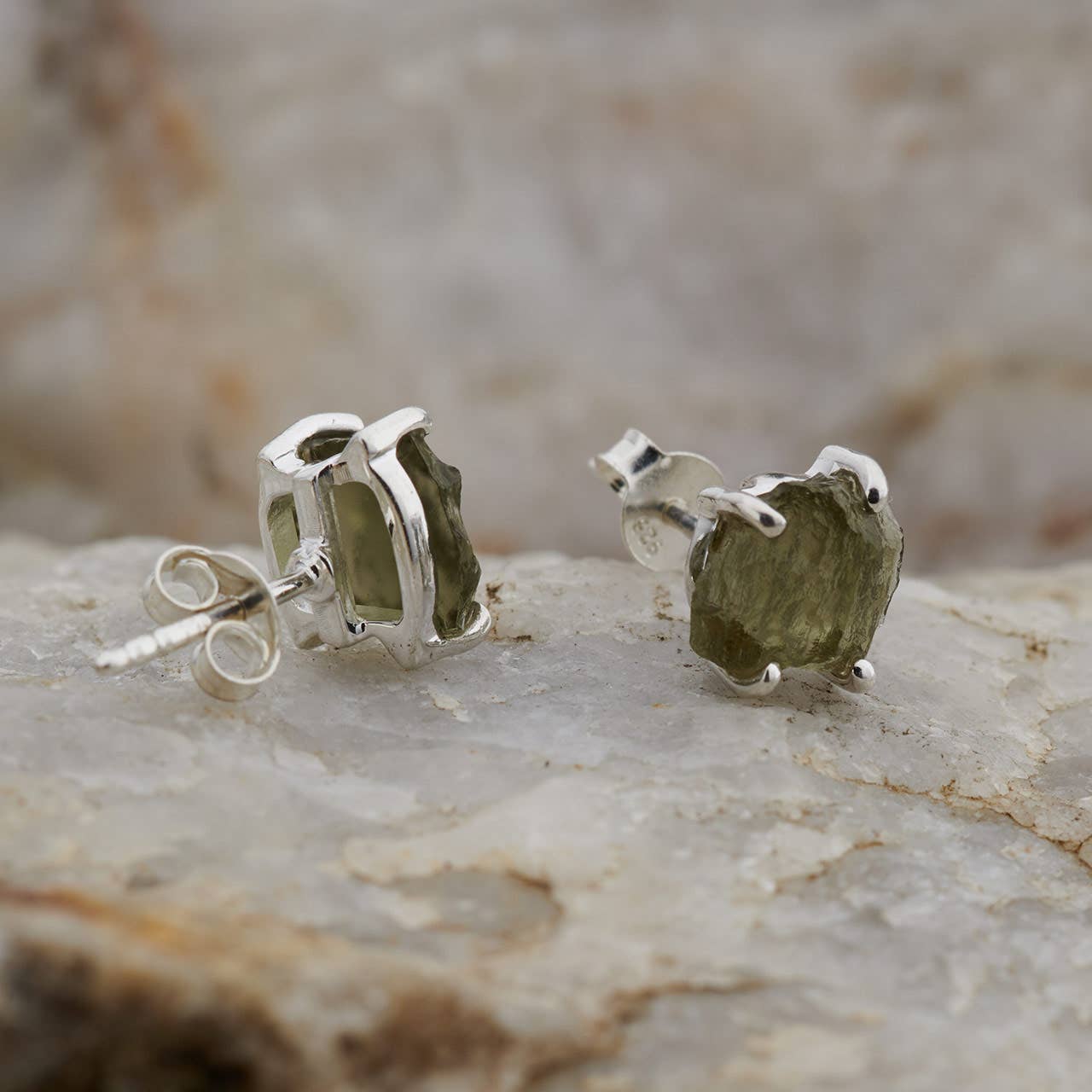 MOLDAVITE STERLING SILVER STUD EARRINGS | TRANSFORMATIVE TEKTITE