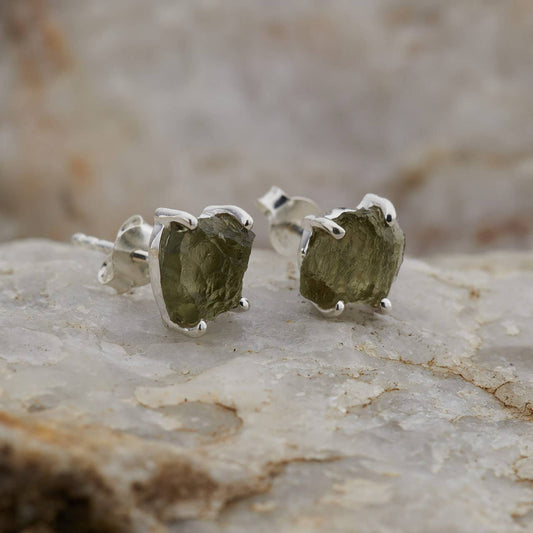 MOLDAVITE STERLING SILVER STUD EARRINGS | TRANSFORMATIVE TEKTITE