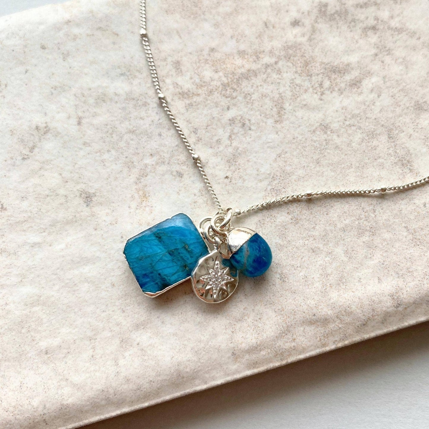 Blue Apatite Charm Triple Necklace | MOTIVATION | SUCCESS | GROWTH