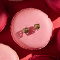 Pair of earrings on a pink macaron with more macarons around