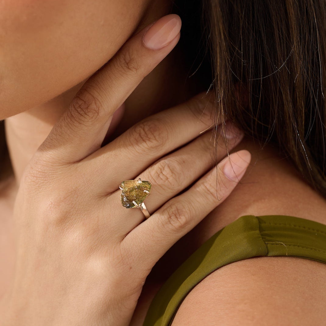 Silver Moldavite gemstone ring 
