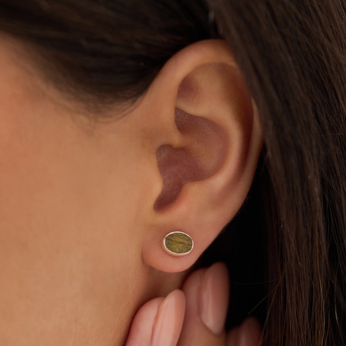 Moldavite Oval/round Studs Sterling Silver | TRANSFORMATIVE TEKTITE