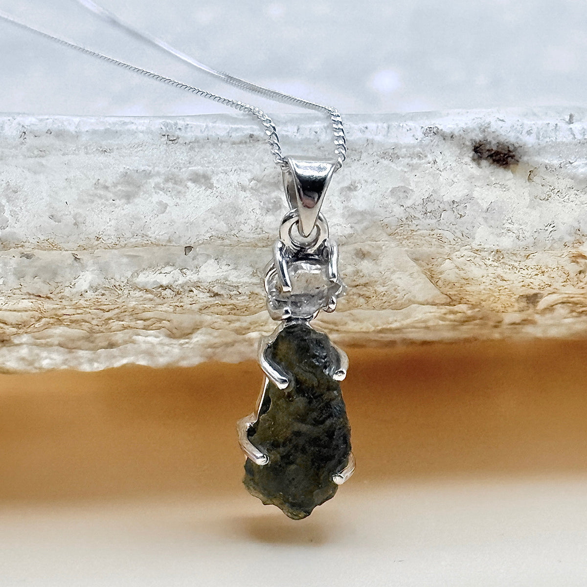 Moldavite & Herkimer Diamond Necklace | Transformation | Manifestation | Ascension