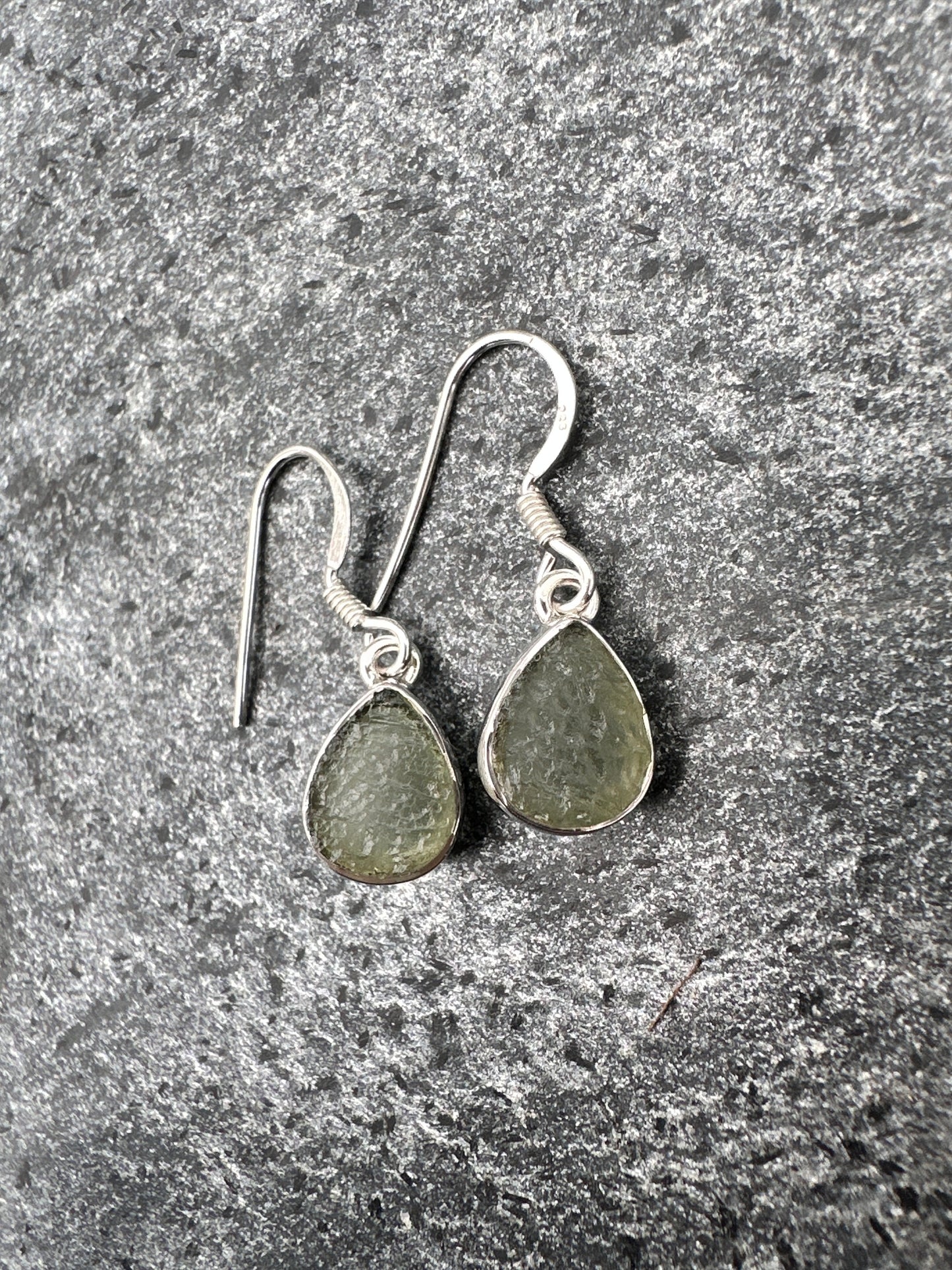 Moldavite Sterling Silver Pear Drop Earrings | TRANSFORMATIVE TEKTITE