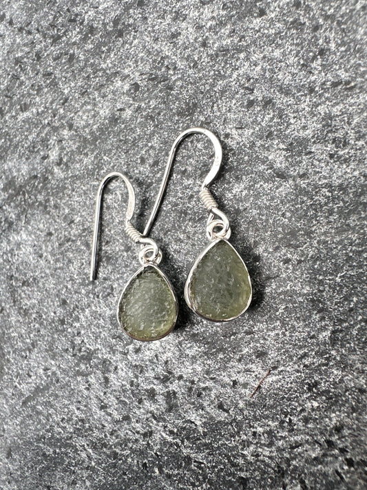 Moldavite Sterling Silver Pear Drop Earrings | TRANSFORMATIVE TEKTITE