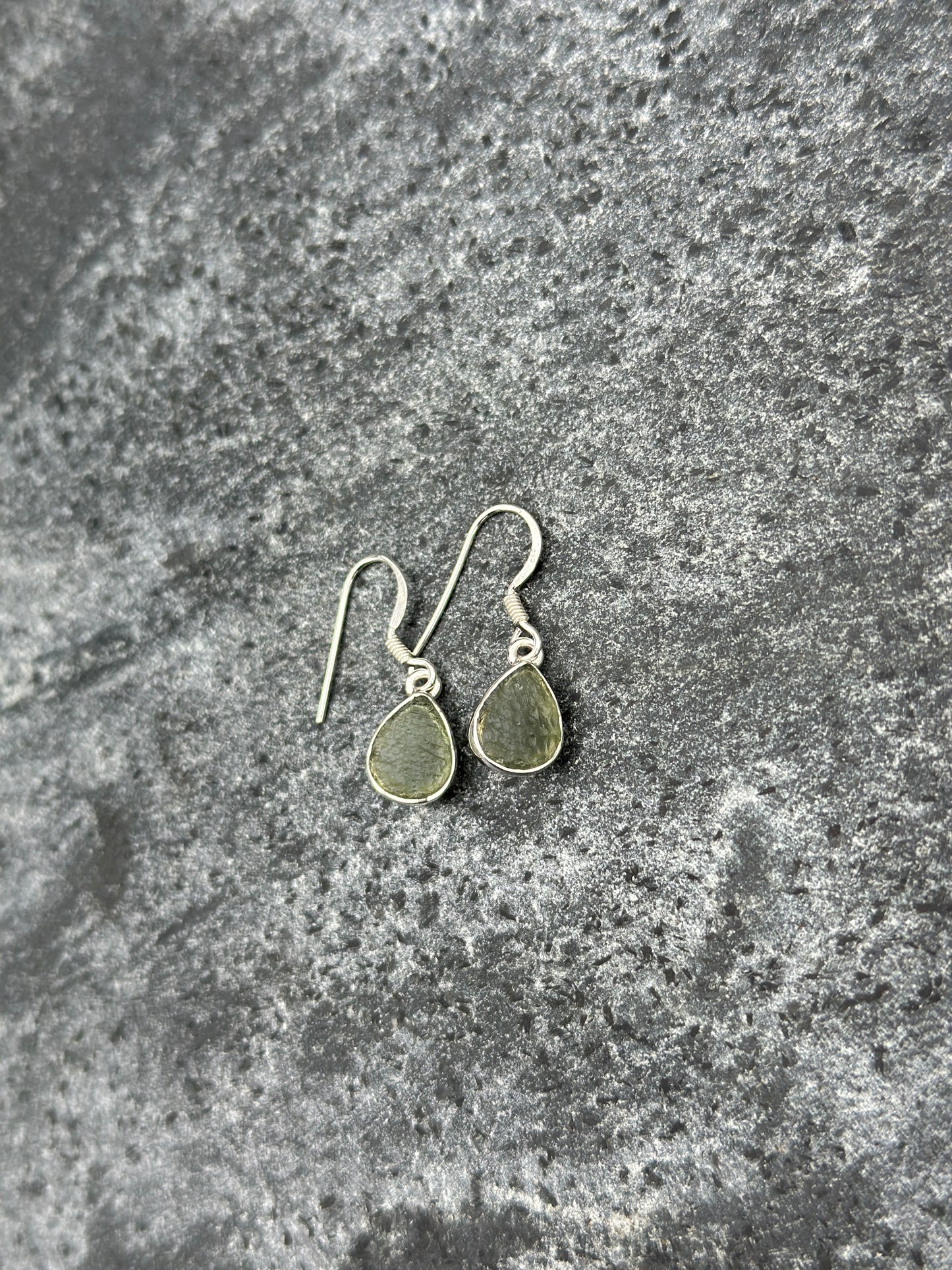 Moldavite Sterling Silver Pear Drop Earrings | TRANSFORMATIVE TEKTITE