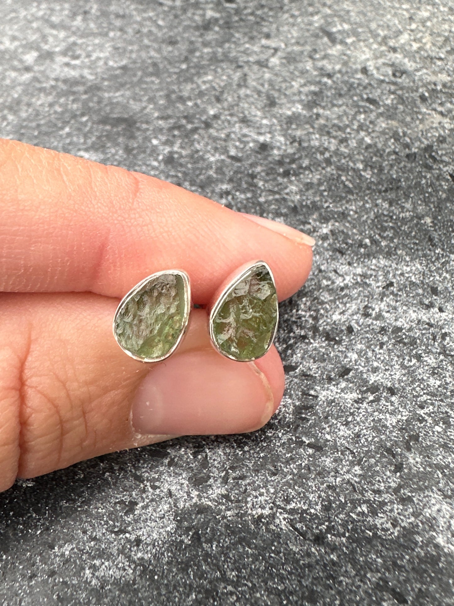 Moldavite Sterling Silver Pear Stud Earrings | TRANSFORMATIVE TEKTITE