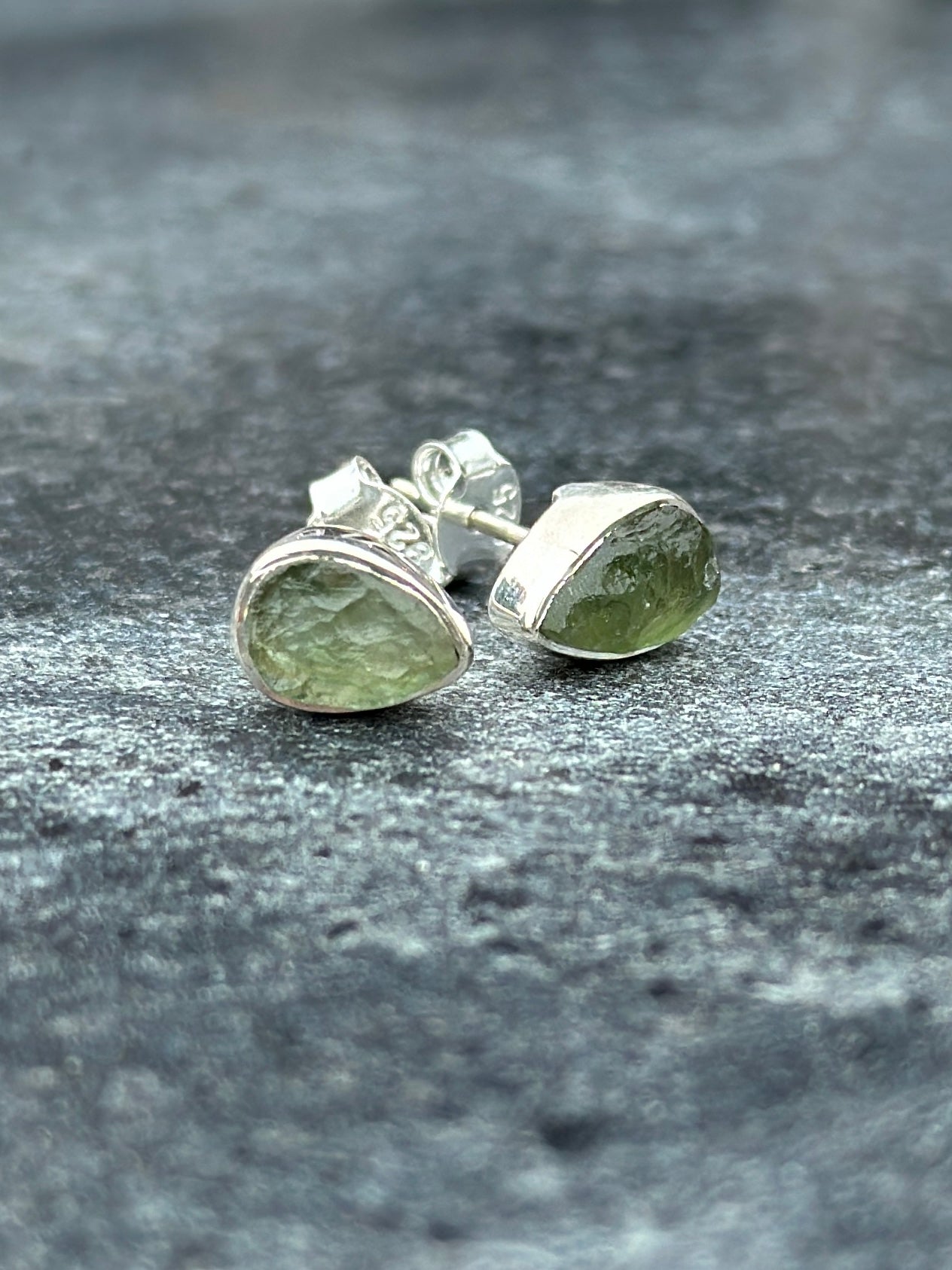 Moldavite Sterling Silver Pear Stud Earrings | TRANSFORMATIVE TEKTITE