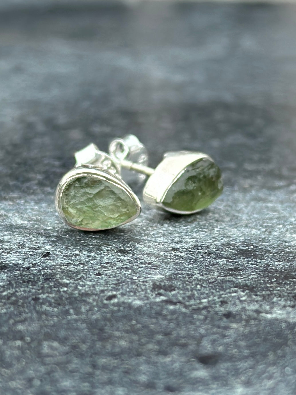 Moldavite Sterling Silver Pear Stud Earrings | TRANSFORMATIVE TEKTITE