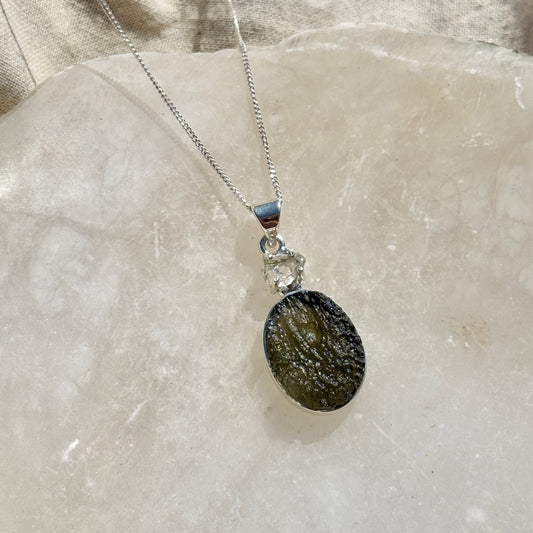 Moldavite & Herkimer Diamond Combination Necklace Sterling Silver | Transformation | Dream Life | Growth