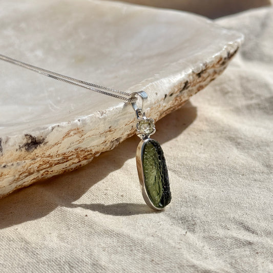 Moldavite & Herkimer Diamond Combination Necklace Sterling Silver | Transformation | Dream Life | Growth