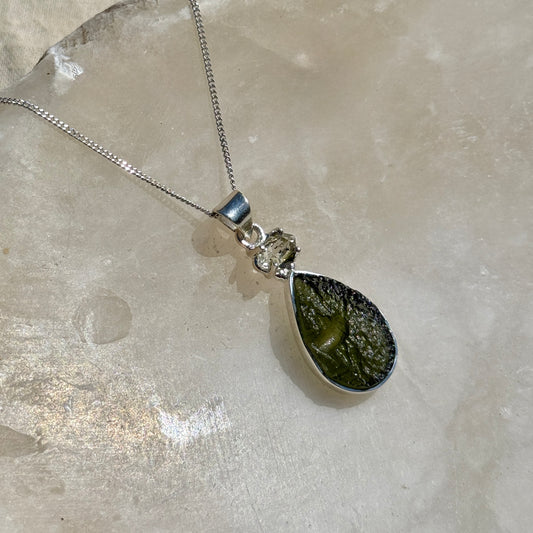 Moldavite & Herkimer Diamond Combination Necklace Sterling Silver | Transformation | Dream Life | Growth