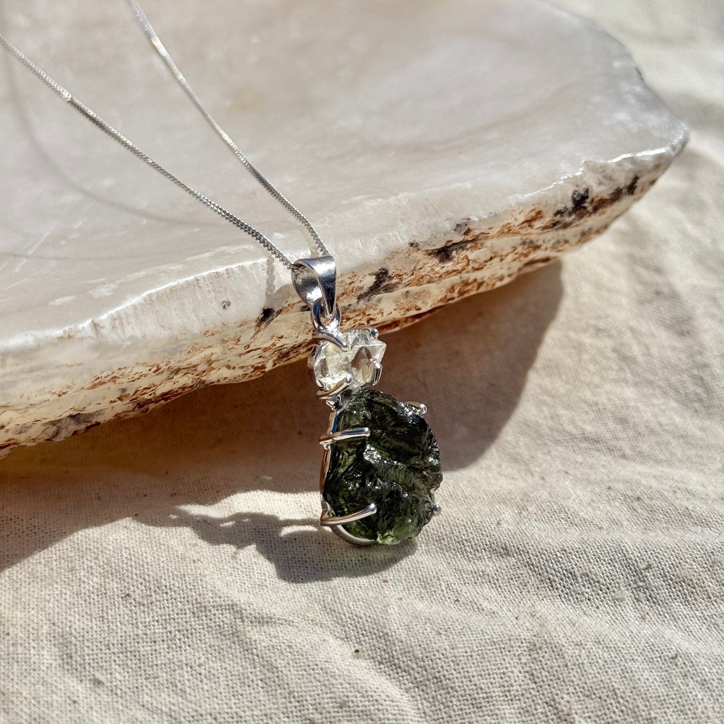 Moldavite & Herkimer Diamond Combination Necklace Sterling Silver | Transformation | Dream Life | Growth