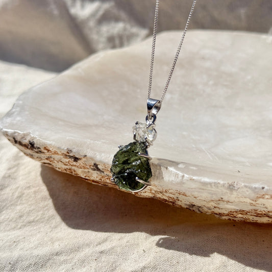 Moldavite & Herkimer Diamond Combination Necklace Sterling Silver | Transformation | Dream Life | Growth