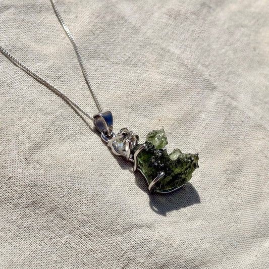 Moldavite & Herkimer Diamond Combination Necklace Sterling Silver | Transformation | Dream Life | Growth
