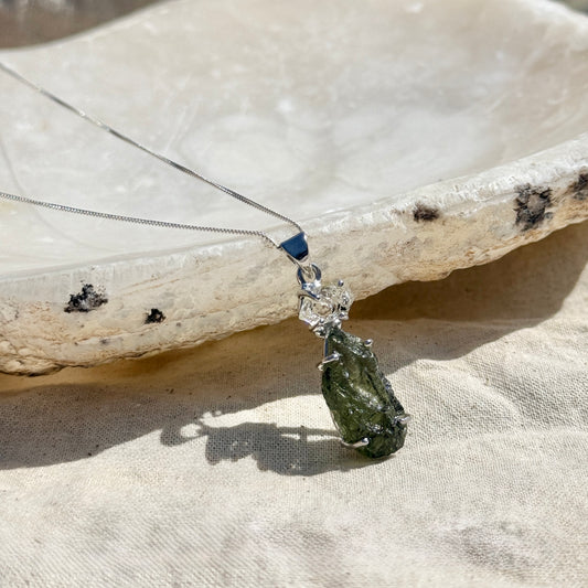 Moldavite & Herkimer Diamond Combination Necklace Sterling Silver | Transformation | Dream Life | Growth