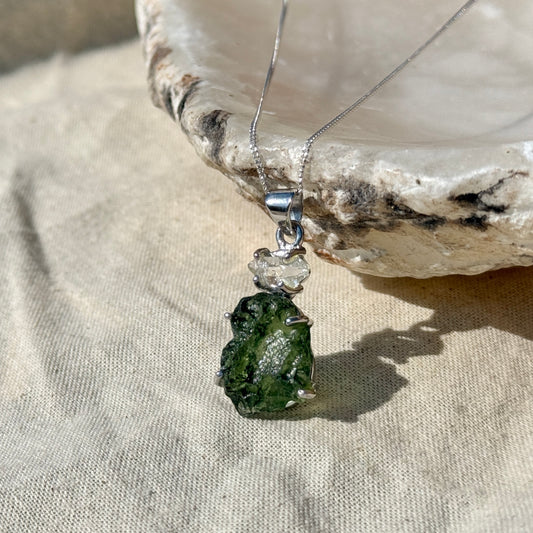 Moldavite & Herkimer Diamond Combination Necklace Sterling Silver | Transformation | Dream Life | Growth