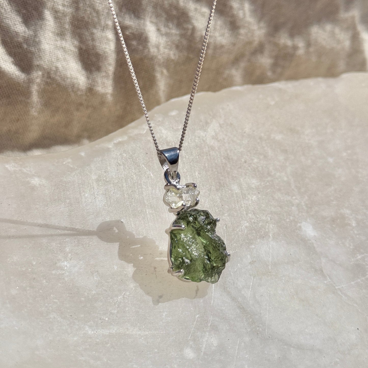 Moldavite & Herkimer Diamond Combination Necklace Sterling Silver | Transformation | Dream Life | Growth