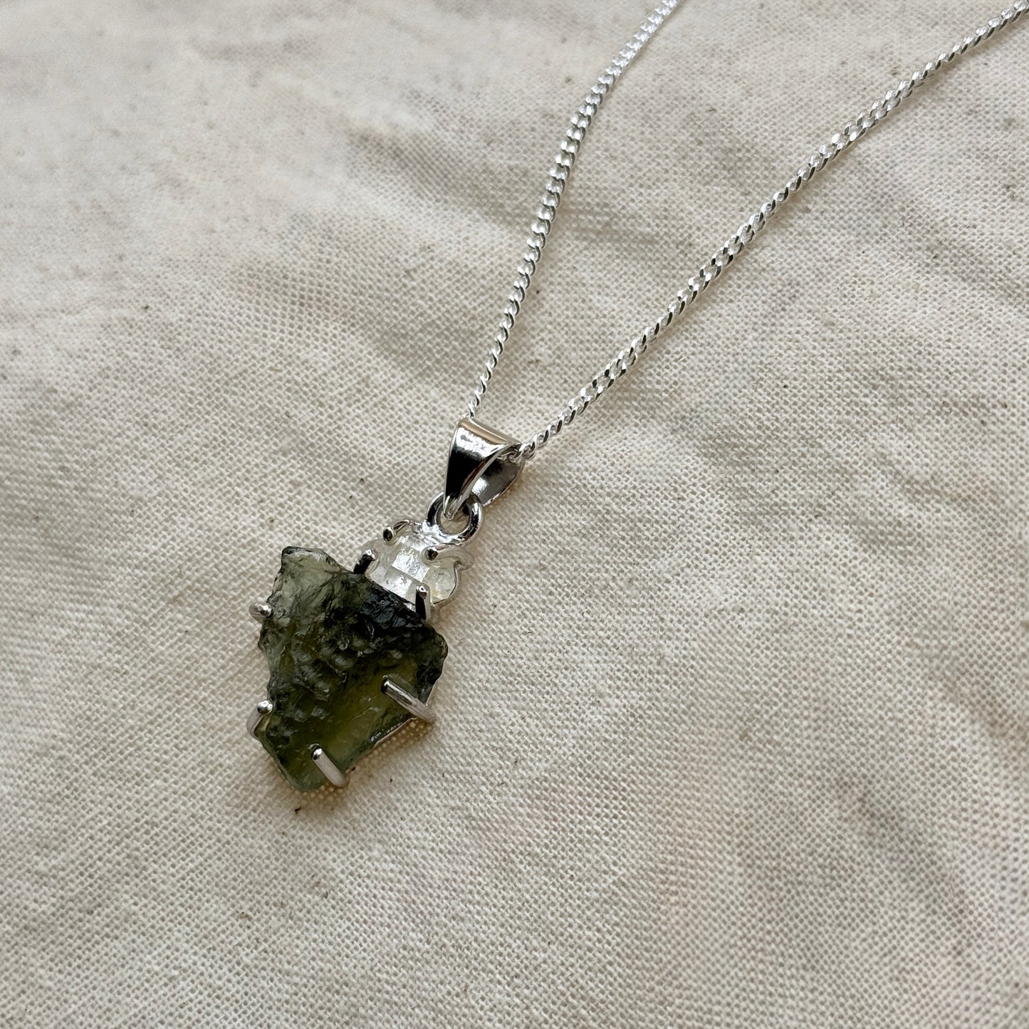 Moldavite & Herkimer Diamond Combination Necklace Sterling Silver | Transformation | Dream Life | Growth
