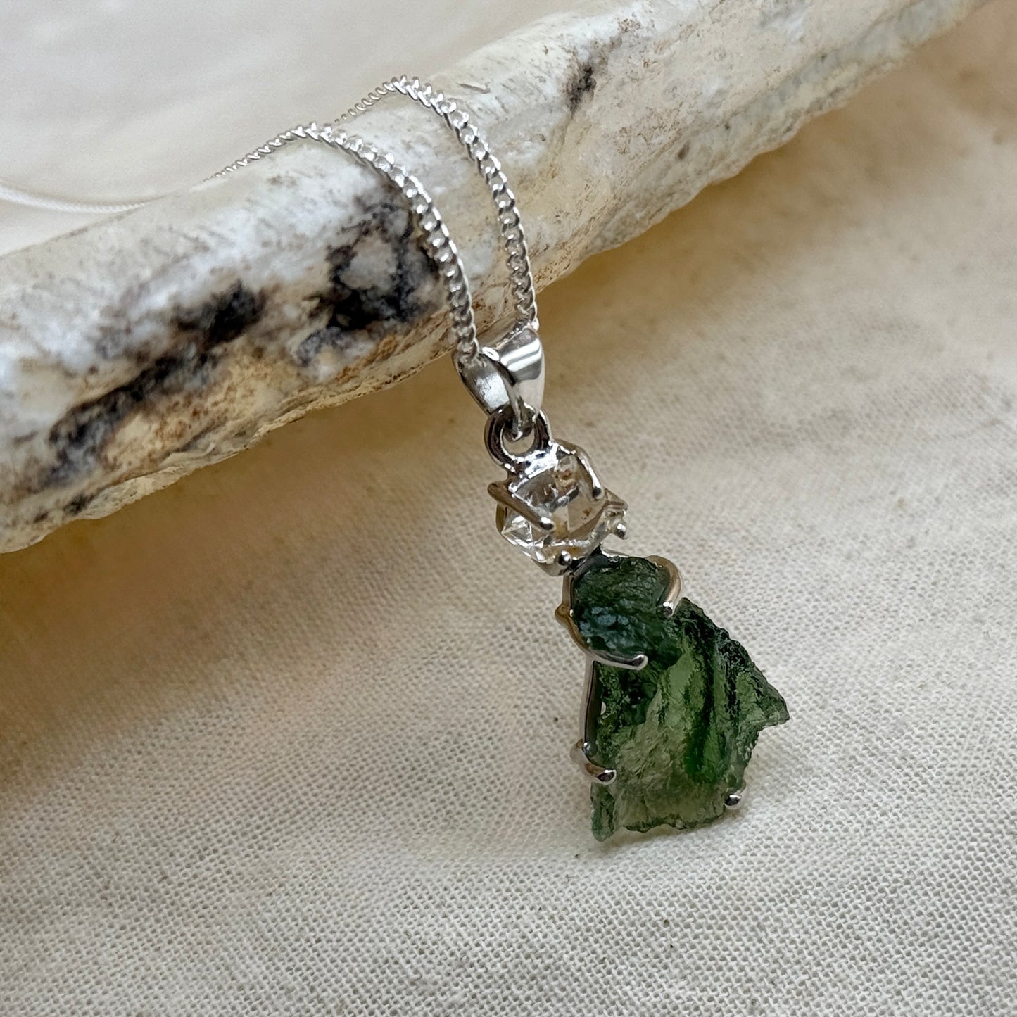 Moldavite & Herkimer Diamond Combination Necklace Sterling Silver | Transformation | Dream Life | Growth