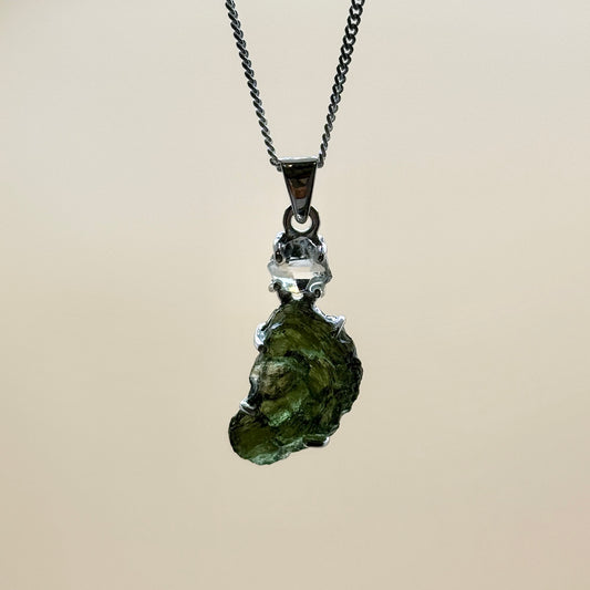Moldavite & Herkimer Diamond Combination Necklace Sterling Silver | Transformation | Dream Life | Growth