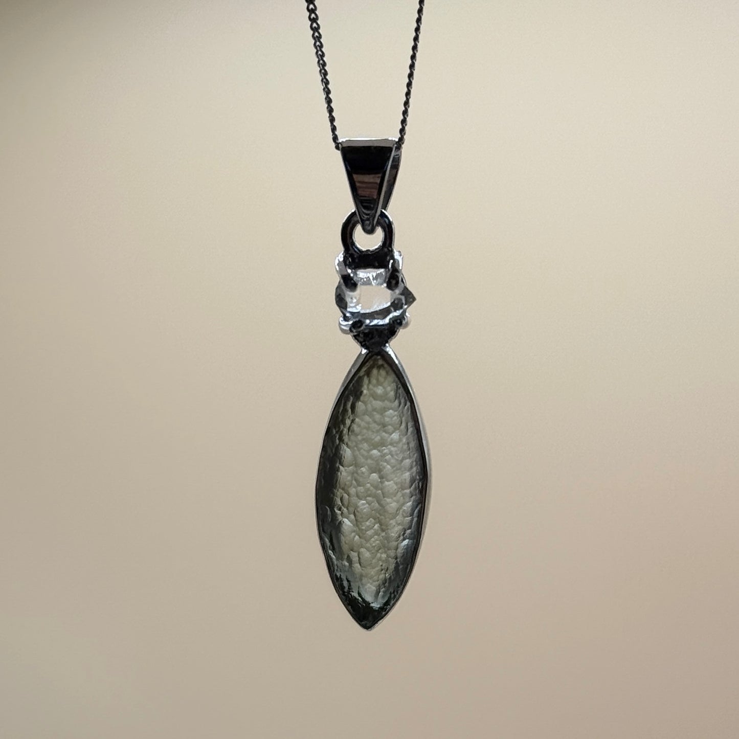 Moldavite & Herkimer Diamond Necklace Sterling Silver | TRANSFORMATIVE TEKTITE | 'STONE OF ATTUNEMENT'