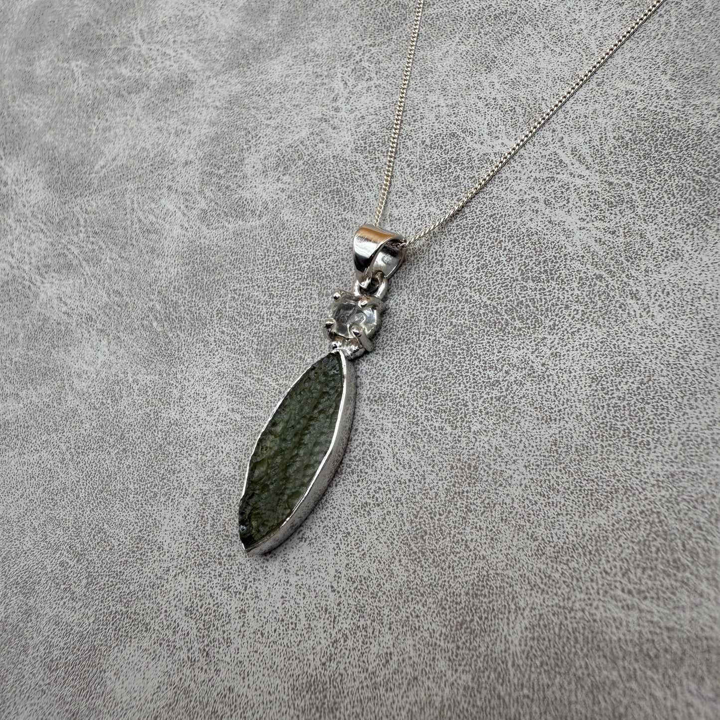 Moldavite & Herkimer Diamond Necklace Sterling Silver | TRANSFORMATIVE TEKTITE | 'STONE OF ATTUNEMENT'