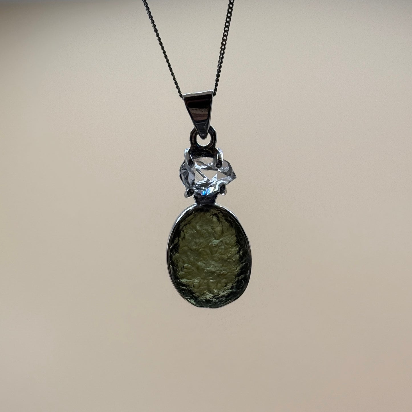 Moldavite & Herkimer Diamond Necklace Sterling Silver | TRANSFORMATIVE TEKTITE | 'STONE OF ATTUNEMENT'