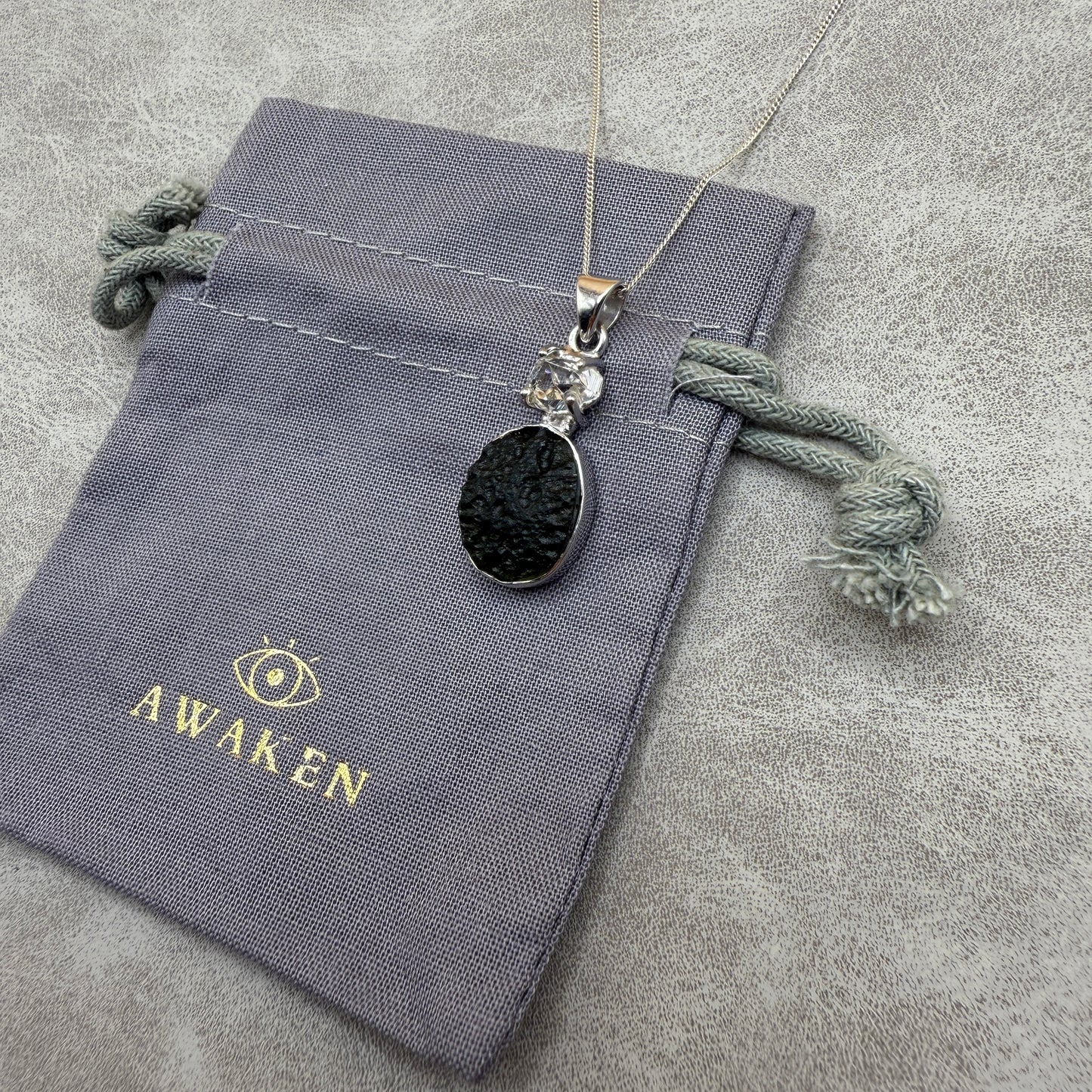 Moldavite & Herkimer Diamond Necklace Sterling Silver | TRANSFORMATIVE TEKTITE | 'STONE OF ATTUNEMENT'