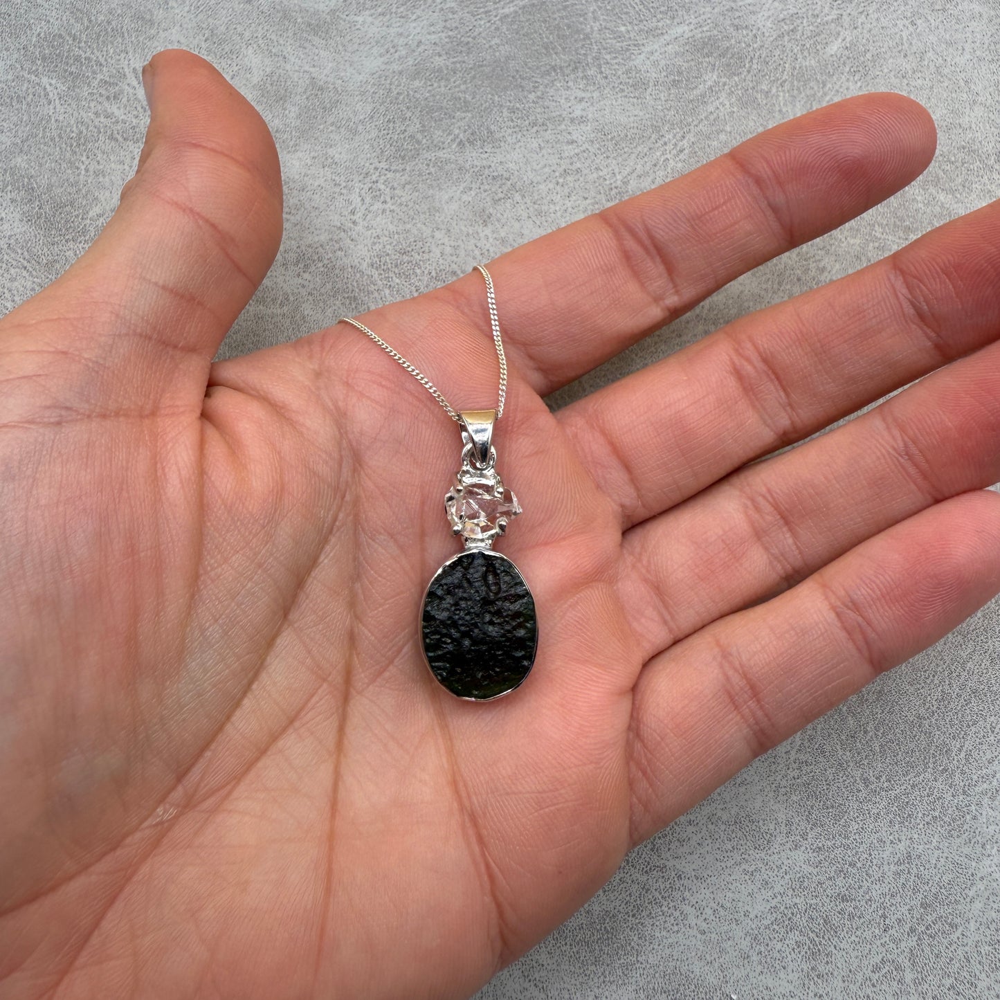 Moldavite & Herkimer Diamond Necklace Sterling Silver | TRANSFORMATIVE TEKTITE | 'STONE OF ATTUNEMENT'