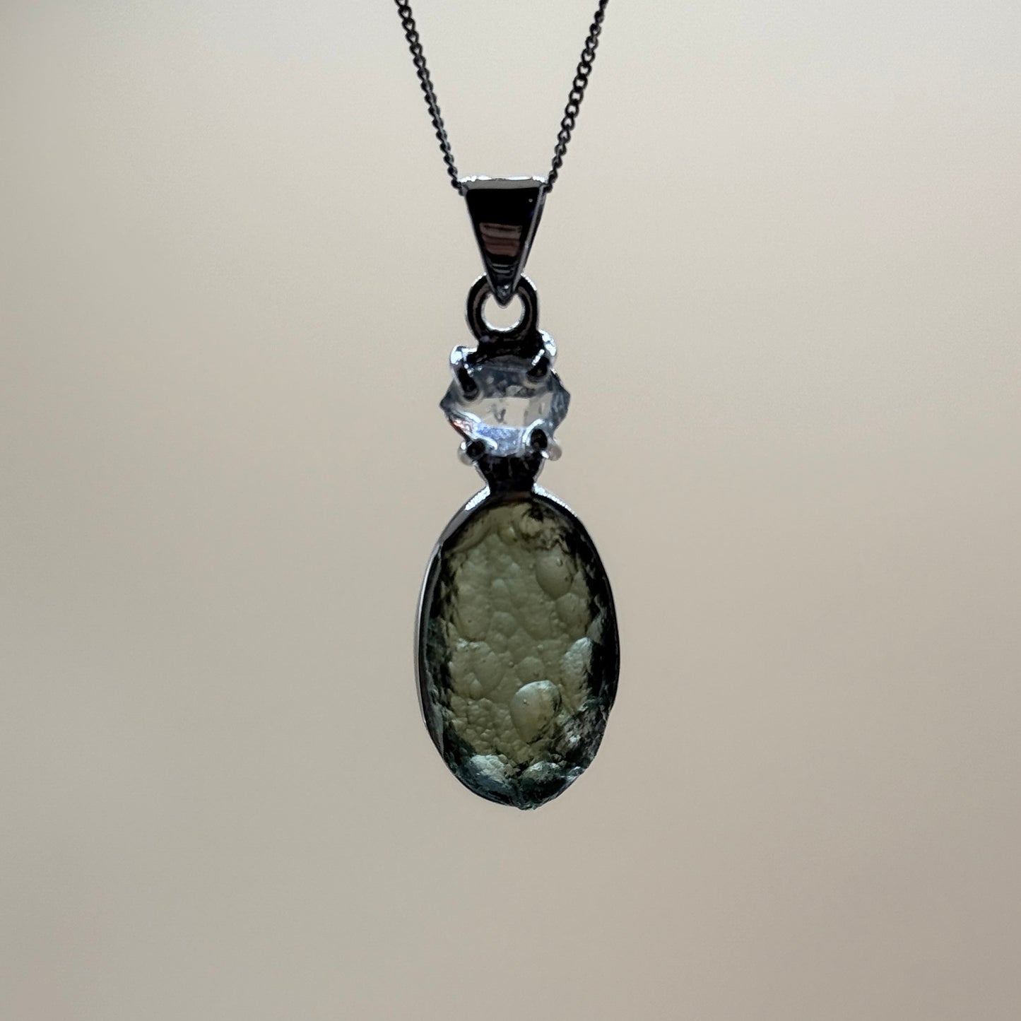 Moldavite & Herkimer Diamond Necklace Sterling Silver | TRANSFORMATIVE TEKTITE | 'STONE OF ATTUNEMENT'